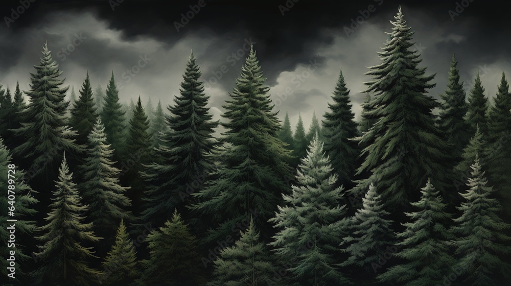  a painting of a group of pine trees with a dark sky in the background.  generative ai