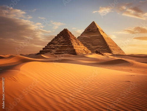 Ancient Pyramids between golden dunes in a hot desert photo