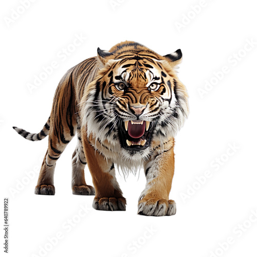 Hyper Realistic 3d render Angry Tiger coming towards isolated on transparent background. 
