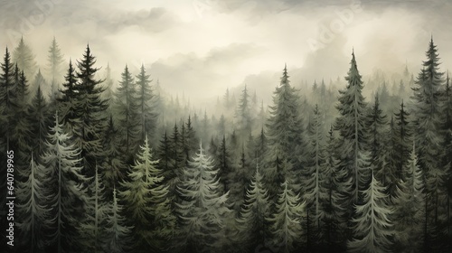  a painting of a forest filled with lots of tall trees. generative ai