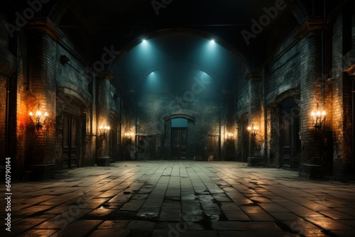 an empty foggy room in an abandoned building. Horror and halloween concept