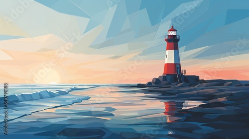  a painting of a red and white lighthouse on a rocky shore. generative ai