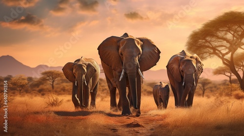  a group of elephants walking across a dry grass covered field. generative ai
