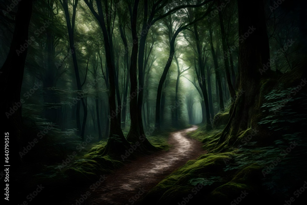 A winding forest path disappearing into the shadows beneath towering trees.
