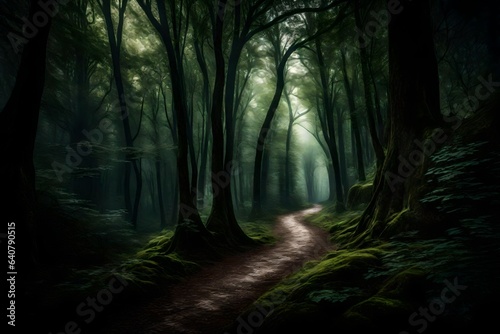 A winding forest path disappearing into the shadows beneath towering trees. 