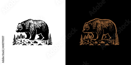 Beautiful outdoor bear in forest handdrawn vintage vector illustration