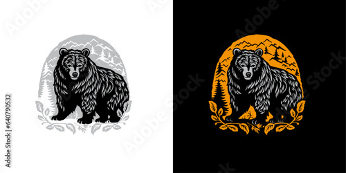Beautiful outdoor bear in forest handdrawn vintage vector illustration