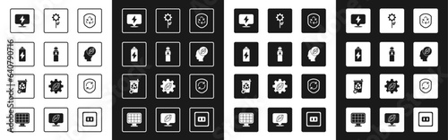 Set Recycle symbol inside shield, Bottle of water, Battery, Lightning bolt, Human head with leaf, Leaf plant gear machine, and bin recycle icon. Vector