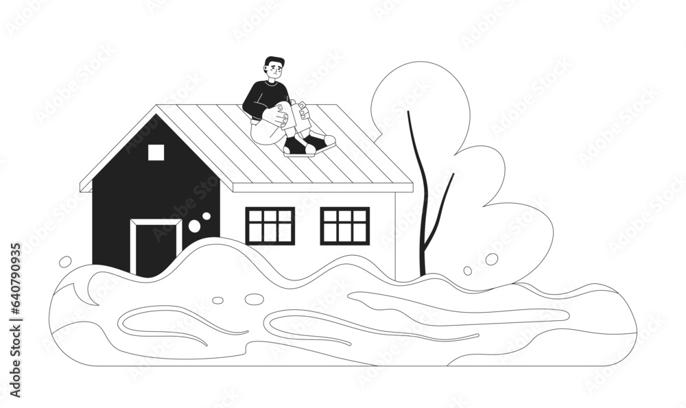 Scared man on house roof monochrome concept vector spot illustration. Flooded house. Rescue from water. Man waiting 2D flat bw cartoon character for web design. Isolated editable hand drawn hero image
