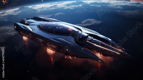 Fototapeta Naklejka Na Ścianę i Meble -   a sci - fi spaceship flying over the earth in space.  generative ai
