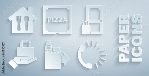 Set Online ordering and delivery, Food, Pizza cardboard box and icon. Vector