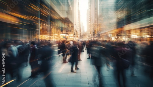 Photo of a bustling city street with towering skyscrapers and a multitude of people walking