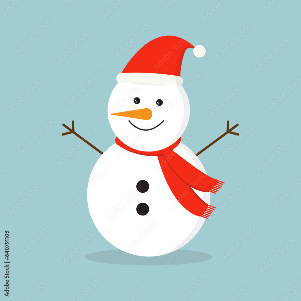 snowman with hat and scarf.Happy cute snowman isolated on grey blue background.Vector illustration cartoon.