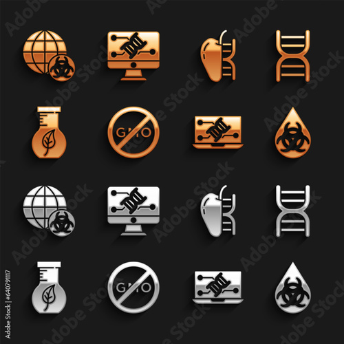 Set No GMO, DNA symbol, Genetic engineering modification, Test tube and flask, Genetically modified apple, and icon. Vector