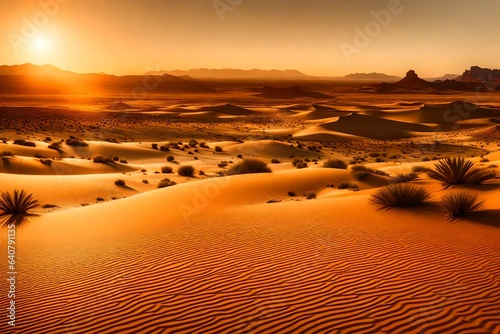 A panoramic view of a vast desert landscape  drenched in the warm hues of sunset. 