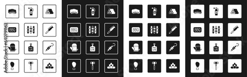 Set Wooden logs, Grilled shish kebab, Barbecue, pork bbq ribs, Meat chopper, Fire extinguisher, and Oven glove icon. Vector