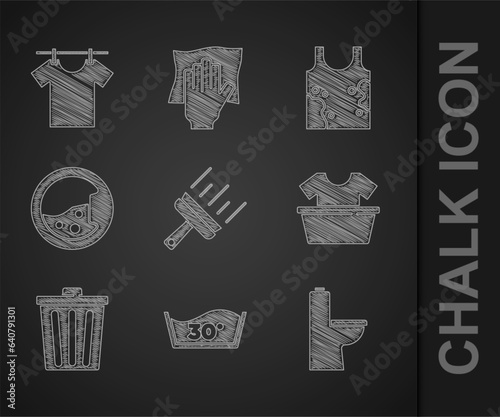 Set Rubber cleaner for windows, Temperature wash, Toilet bowl, Basin with shirt, Trash can, Washer, Dirty t-shirt and Drying clothes icon. Vector