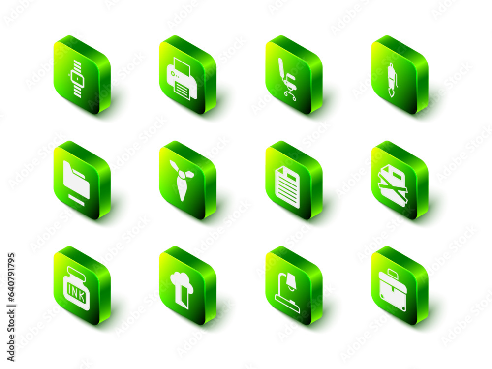 Set Printer, Office chair, Fountain pen nib, Delete file document, Briefcase, File, Table lamp and Cloud database icon. Vector