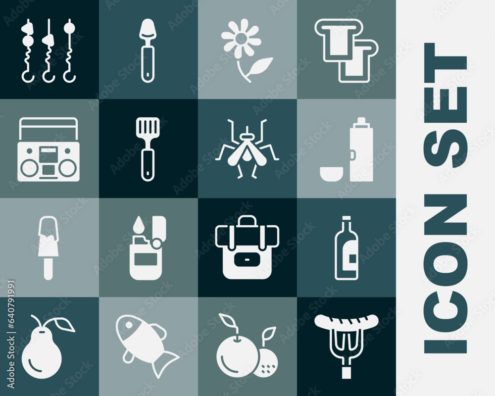 Set Sausage on the fork, Bottle of wine, Thermos container, Flower, Spatula, Home stereo with two speakers, Grilled shish kebab skewer and Mosquito icon. Vector Set Sausage on the fork, Bottle of wine, Thermos container, Flower, Spatula, Home stereo with two speakers, Grilled shish kebab skewer and Mosquito icon. Vector