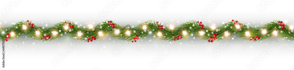 Border with green fir branches, gold lights and red berries isolated on ...