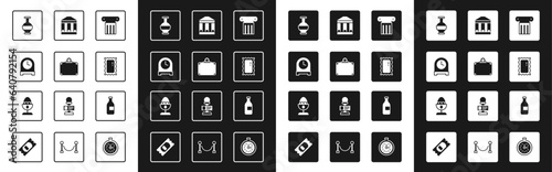 Set Ancient column, Suitcase, Antique clock, amphorae, Big full length mirror, Museum building, Bottle of wine and Chicken egg on stand icon. Vector