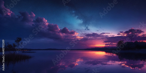 Beatiful purple sunset with a galaxy