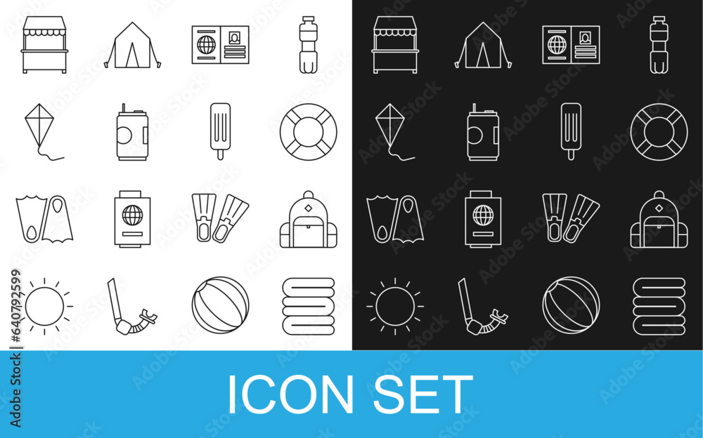 Set line Towel stack, Hiking backpack, Lifebuoy, Passport, Soda can, Kite, Street stall with awning and Ice cream icon. Vector