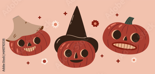 Cottagecore halloween pumpkins banner. Harvest time vintage design. Country vector background with autumn vegetables. Retro fall design
