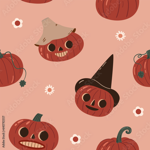 Cottagecore halloween pumpkins seamless pattern. Harvest time vintage design. Country vector background with autumn vegetables. Retro fall texture 