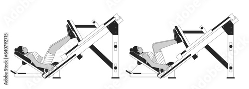 Working out on machine squat press bw vector spot illustration. Female 2D cartoon flat line monochromatic character for web UI design. Leg strengthening routine editable isolated outline hero image