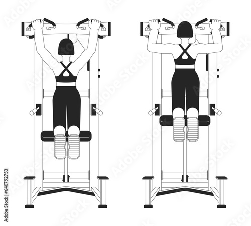 Working out on assisted pull up machine bw vector spot illustration. Gym woman 2D cartoon flat line monochromatic character for web UI design. Strength training editable isolated outline hero image