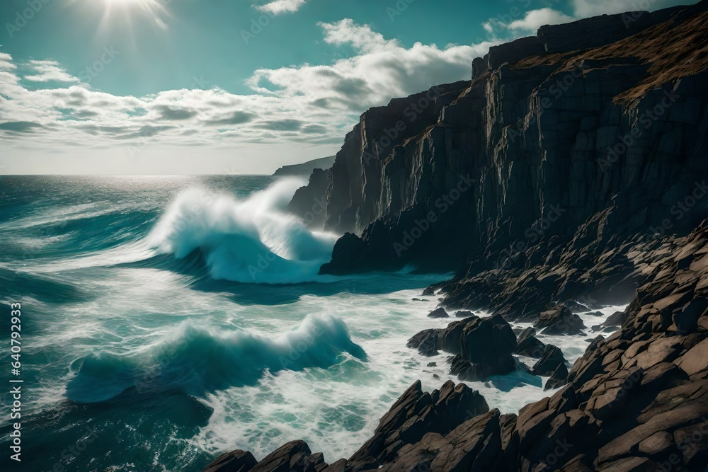 Obraz premium A rocky coastal cliff battered by the crashing waves of a wild ocean.