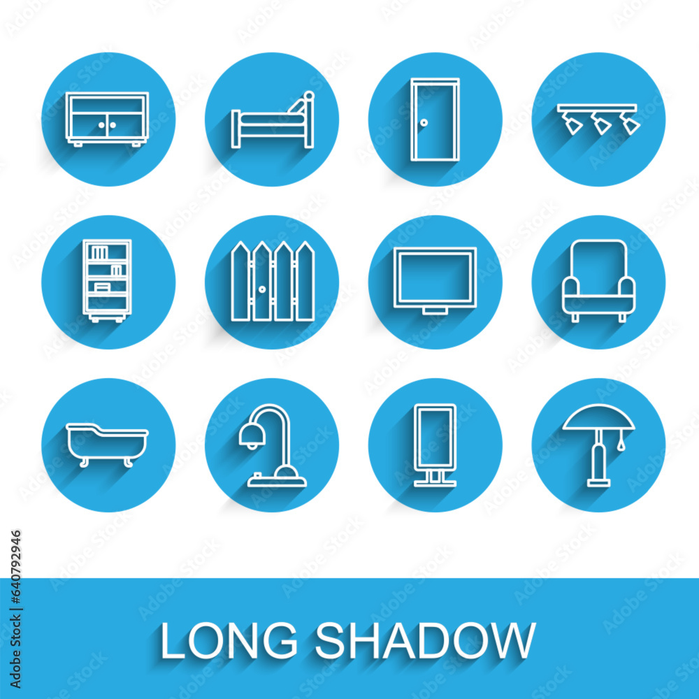 Set line Bathtub, Table lamp, Chest of drawers, Big full length mirror, Garden fence wooden, Armchair and Picture frame on table icon. Vector Set line Bathtub, Table lamp, Chest of drawers, Big full length mirror, Garden fence wooden, Armchair and Picture frame on table icon. Vector