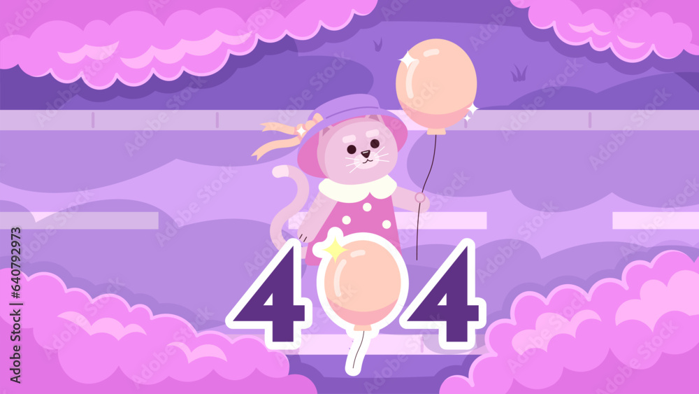 Kawaii cat with balloon watching clouds error 404 flash message. Sky gaze. Website landing page ui design. Not found cartoon image, cute vibes. Vector flat illustration with kawaii anime background