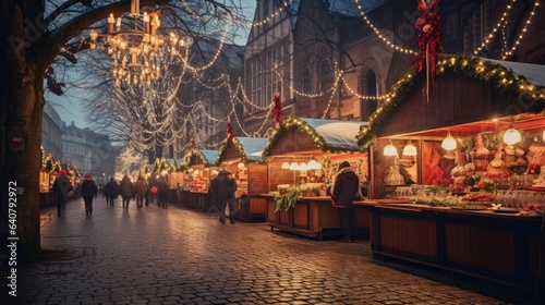 bustling Christmas market with rows of vendor stalls adorned with vibrant decorations and twinkling lights, creating a festive atmosphere.