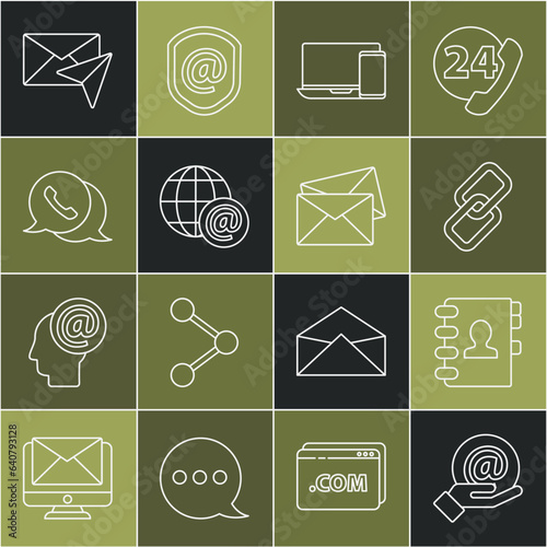 Set line Mail and e-mail in hand, Address book, Chain link, Monitor phone, Earth globe with, Telephone speech bubble chat, Envelope and icon. Vector