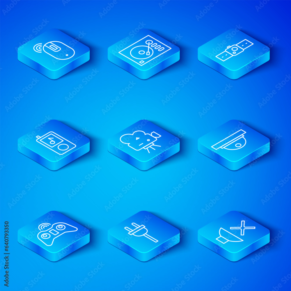 Set line Wireless gamepad, Retro cinema camera, Electric plug, Motion sensor, Smartwatch, Music player, computer mouse and Speaker mute icon. Vector Set line Wireless gamepad, Retro cinema camera, Electric plug, Motion sensor, Smartwatch, Music player, computer mouse and Speaker mute icon. Vector