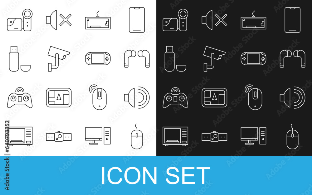 Set line Computer mouse, Speaker volume, Air headphones, Keyboard, Security camera, USB flash drive, Cinema and Portable video game console icon. Vector