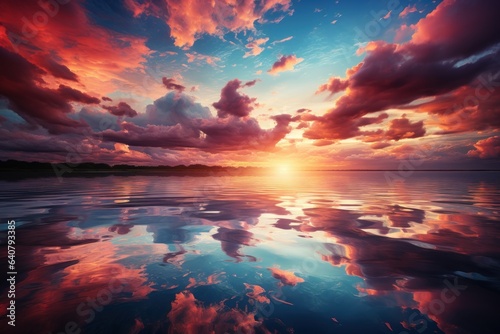 A breathtaking sunset with vibrant clouds reflected perfectly in the still water of a serene lake.