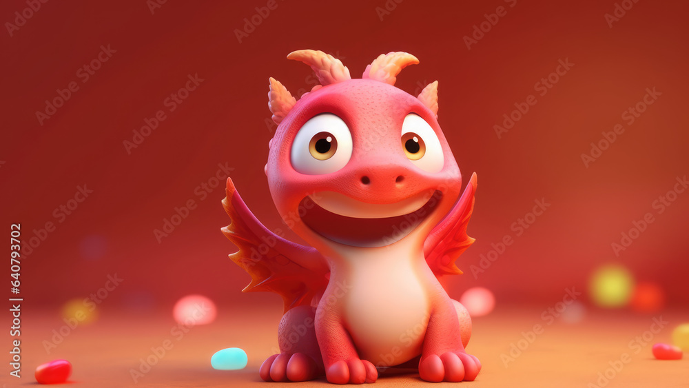 3d cute red dragon character on blurred red background