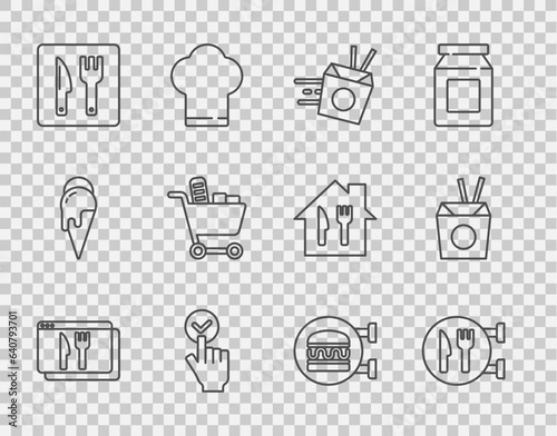 Set line Online ordering and delivery, Cafe restaurant location, noodles, Shopping cart food, burger and Asian chopsticks icon. Vector