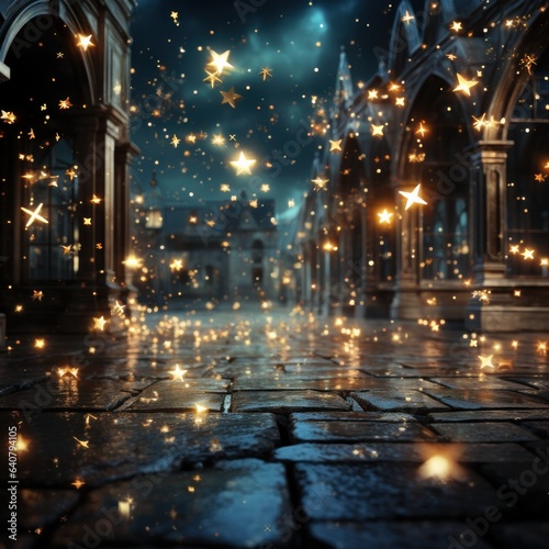 overlay of golden stars falling on the ground at night