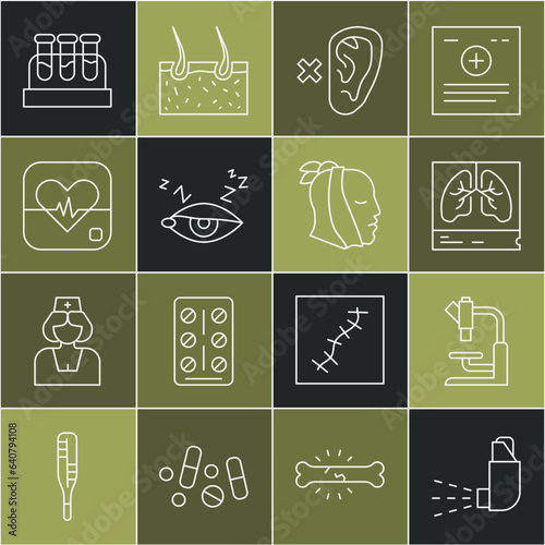 Set line Inhaler, Microscope, Lungs x-ray, Deaf, Insomnia, Heart rate, Test tube with blood and Toothache icon. Vector