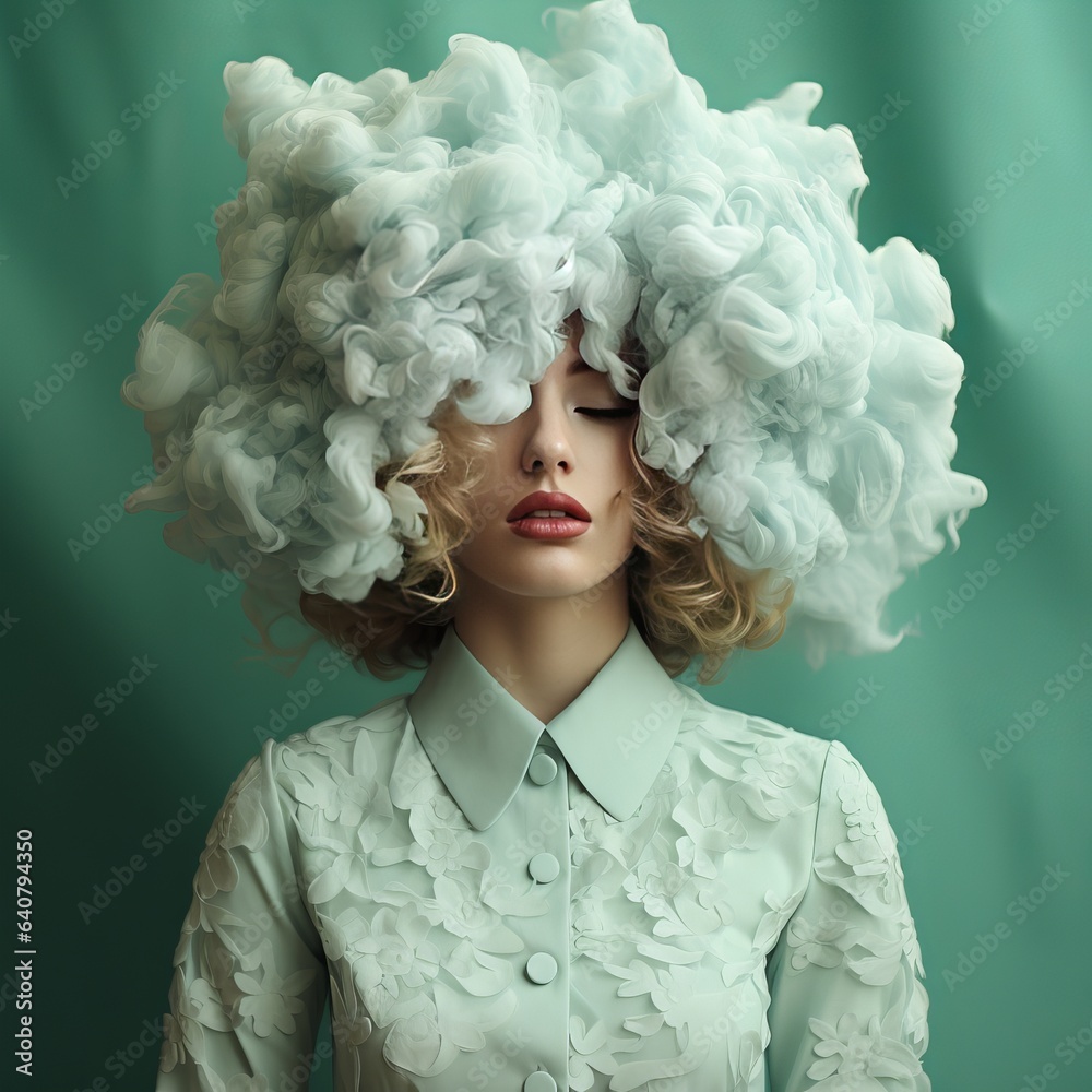 Girl with a cloud in head. Woman hides face by clouds