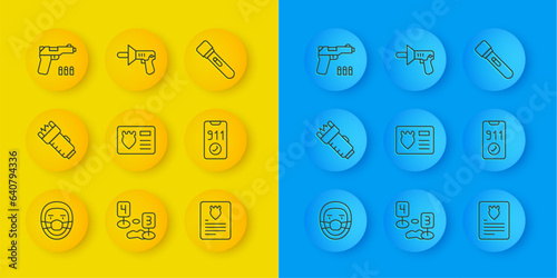 Set line Doctor pathologist, Police electric shocker, badge with id case, The arrest warrant, Telephone call 911, Pistol gun, Flashlight and megaphone icon. Vector