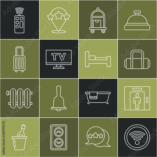 Set line Wi-Fi wireless, Lift, Suitcase, Smart Tv, Remote control and Hotel room bed icon. Vector
