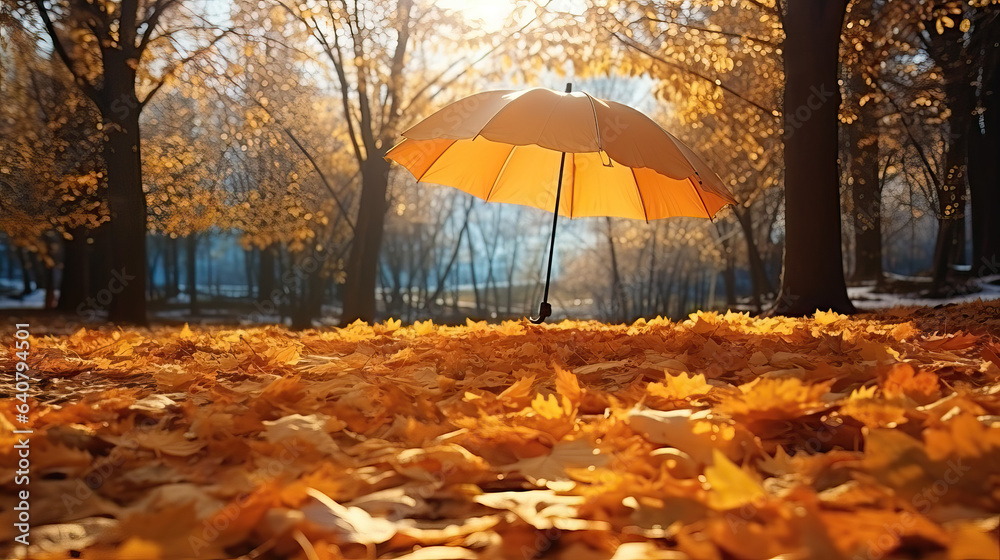 yellow umbrella flying in a park in autumn