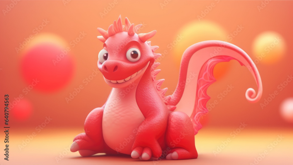3d cute red dragon character on blurred red background