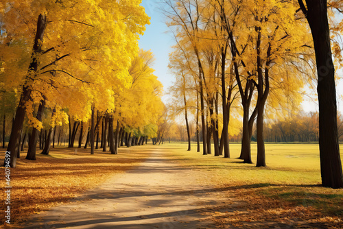 landscape of trees with yellow leaves in autumn  ai generated