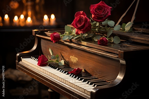 a bouquet of roses in a Victorian house next to a piano 